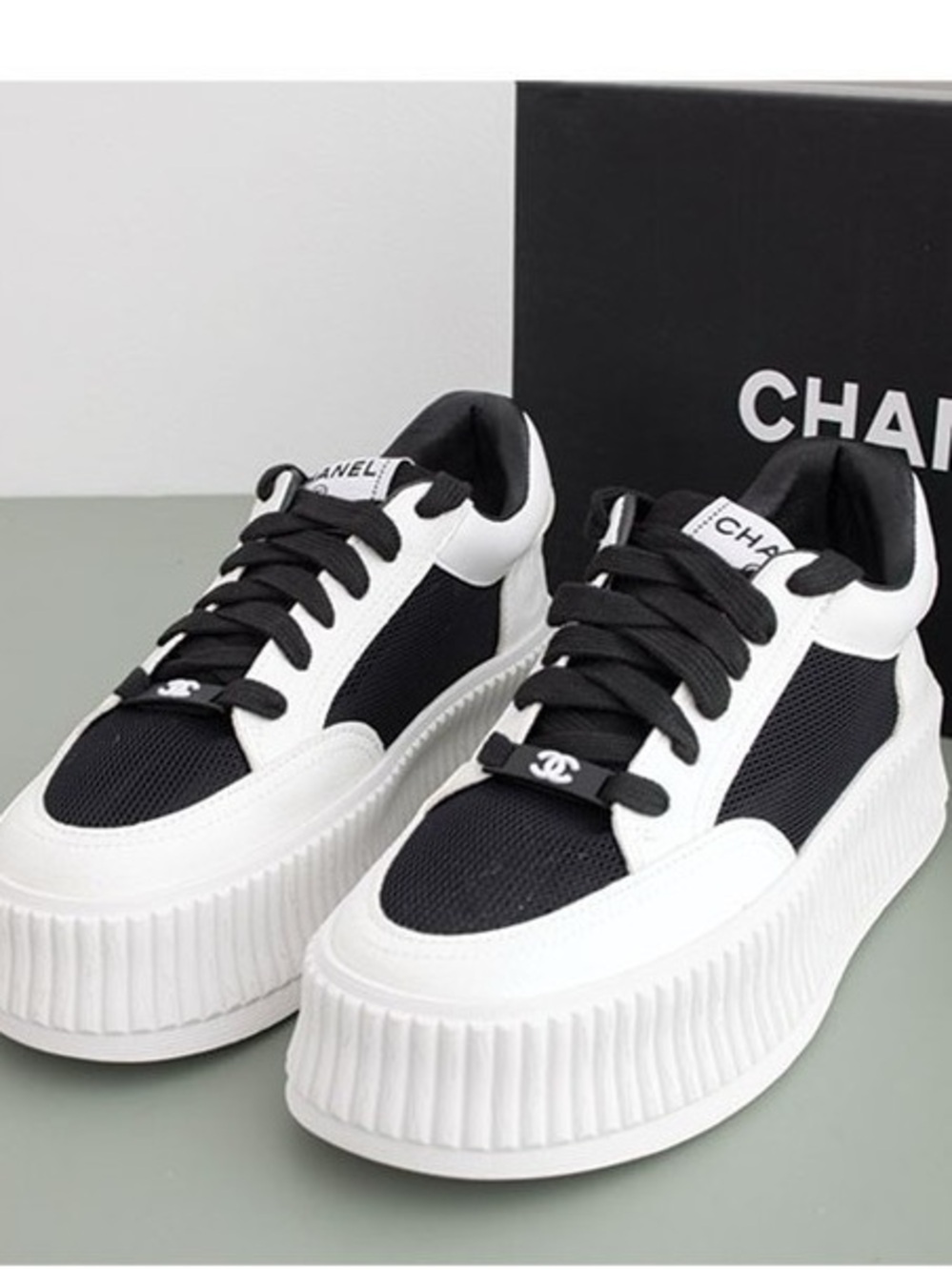 CHANEL Black and White Chunky Platform Sneakers